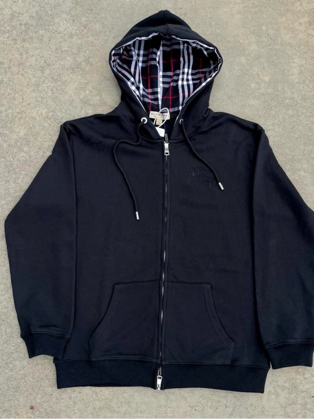 Burberry Black Zip-Up Hoodie with Plaid-Lined Hood